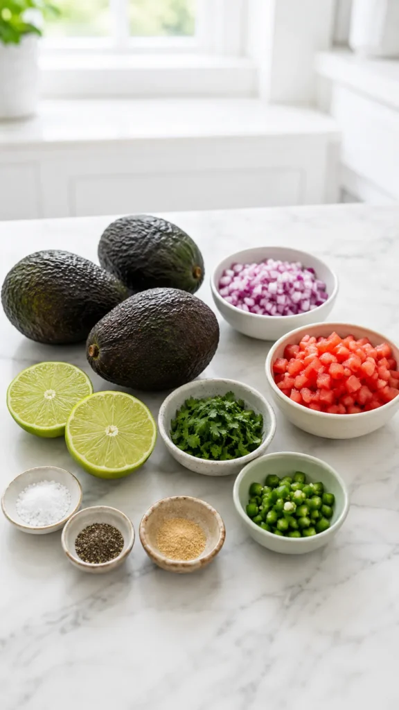Three whole avocados, halved limes, and small bowls of diced red onion, tomatoes, cilantro, peas, and seasonings arranged on marble counter
