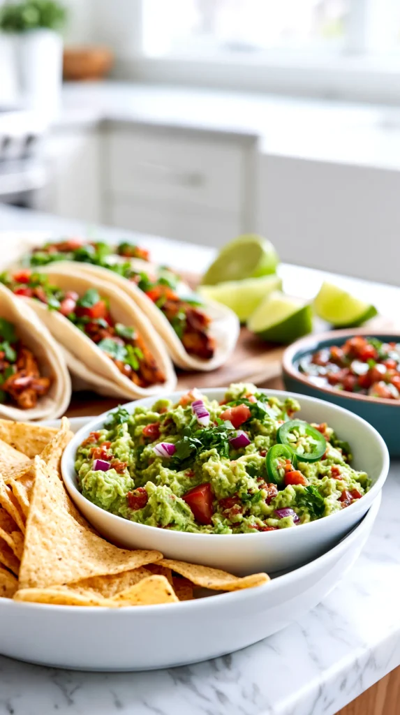 Bowl of fresh guacamole with diced tomatoes and cilantro, served with tortilla chips and lime wedges on marble counter
