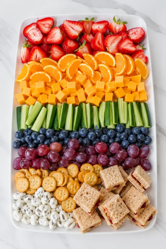 Colorful rainbow charcuterie board with sliced strawberries, oranges, cheddar cubes, cucumber slices, blueberries, red grapes, crackers, mozzarella balls, and sandwich quarters on white platter