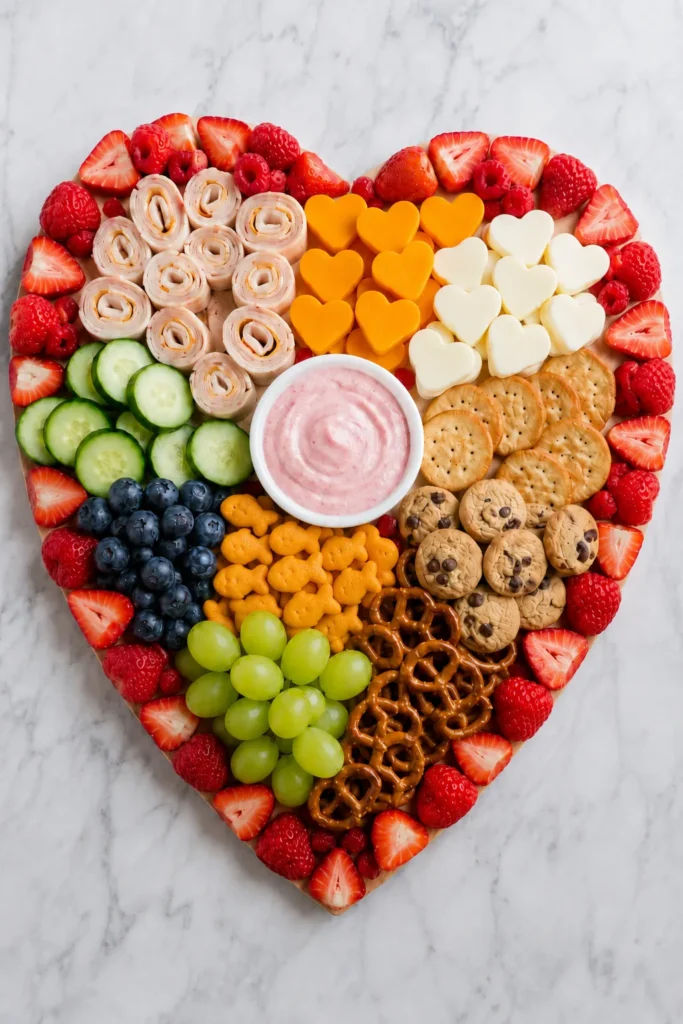 Heart-shaped charcuterie board with strawberries, raspberries, cheese hearts, crackers, cookies, pretzels, grapes, blueberries, cucumber slices, and pink dip on marble surface