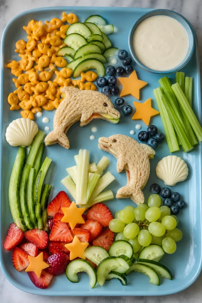 Blue platter with dolphin-shaped sandwiches, orange cheese puffs, fresh berries, cucumber slices, celery sticks, strawberries, star-shaped cheese, and creamy dip