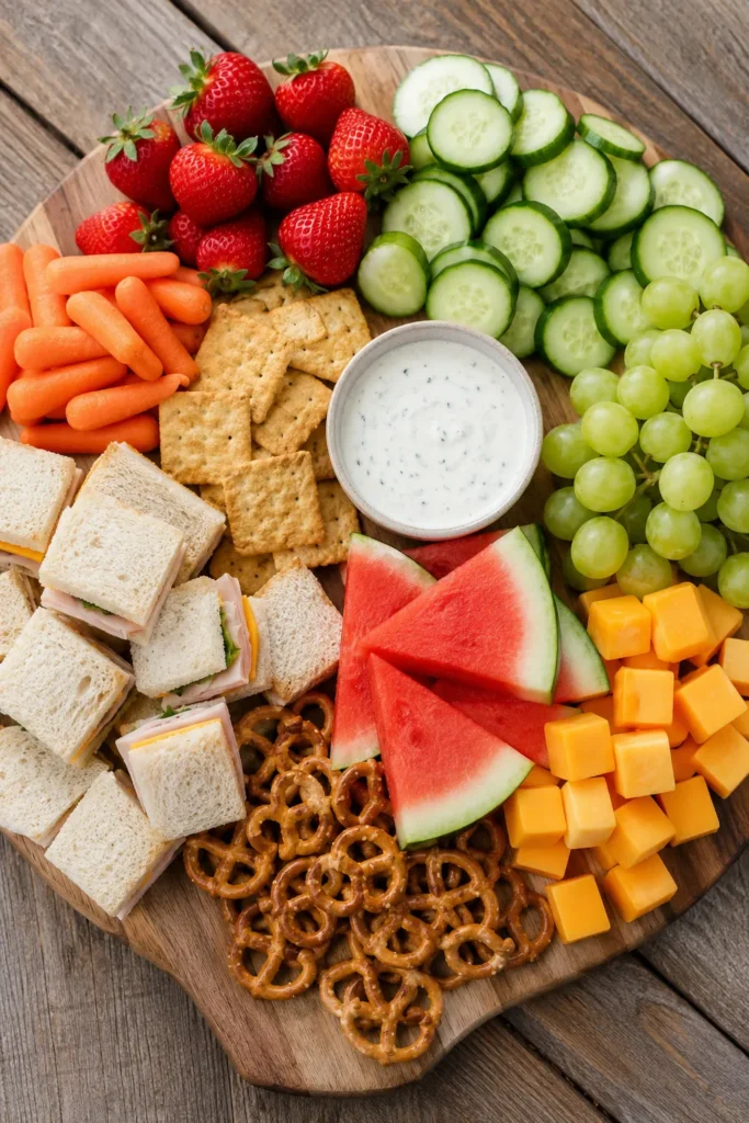 Colorful kids charcuterie board with strawberries, cucumbers, carrots, cheese cubes, sandwiches, pretzels, grapes, watermelon, and white dip on wooden platter