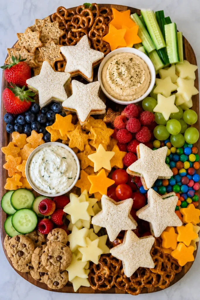 Colorful wooden charcuterie board with star-shaped sandwiches, cheese, pretzels, fresh berries, cucumber slices, grapes, candy, and two dips in white bowls