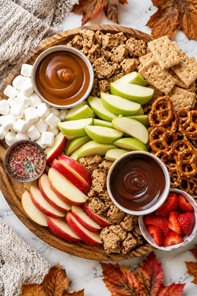 Wooden charcuterie board with chocolate dip, apple and strawberry slices, graham crackers, pretzels, marshmallows, and colorful sprinkles surrounded by autumn leaves