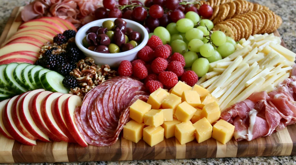 Colorful charcuterie board with sliced apples and salami, green and red grapes, raspberries, cheese cubes, crackers, walnuts, blackberries, and olives in a white bowl on a wooden board