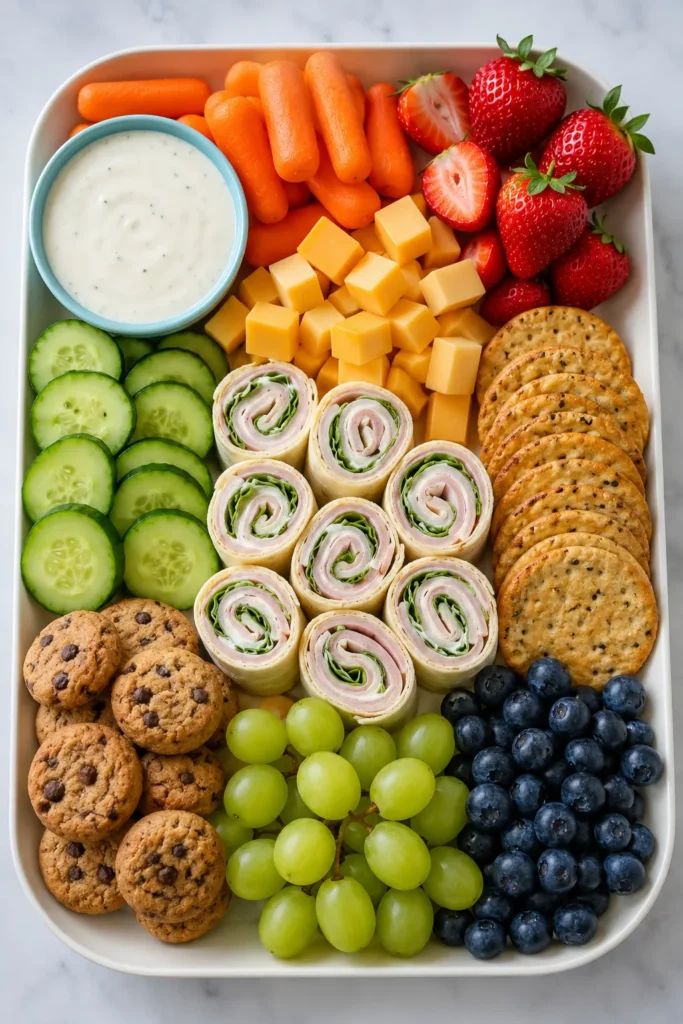 Colorful charcuterie board with orange carrots, strawberries, cucumber slices, cheddar cheese cubes, turkey pinwheels, seeded crackers, chocolate chip cookies, green and black grapes, and a white dip bowl on white platter