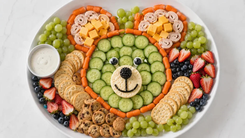 Smiling teddy bear face made from cucumber slices with cheese and berry details, surrounded by grapes, crackers, sliced cheese, fruit, and vegetables on a white platter