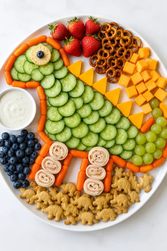 Fun elephant-shaped charcuterie board with cucumber slices for ears, strawberries, pretzels, cheese cubes, grapes, hummus, turkey roll-ups, and animal crackers on a white plate