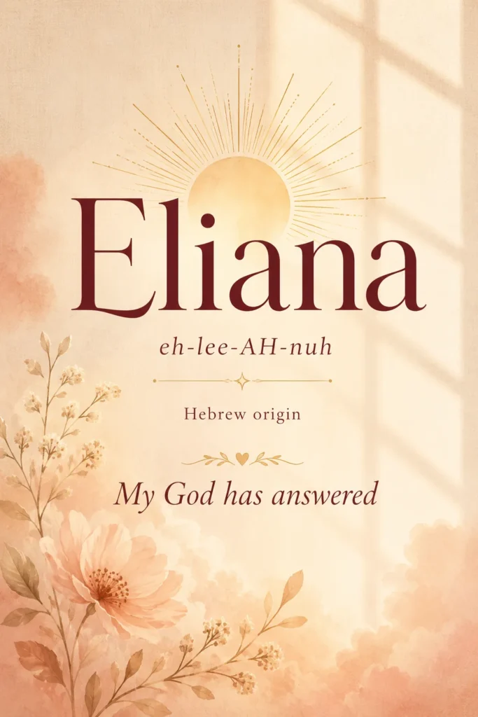 Elegant name meaning poster for Eliana featuring a golden sun illustration, delicate flowers, and text explaining the Hebrew origin and meaning "My God has answered