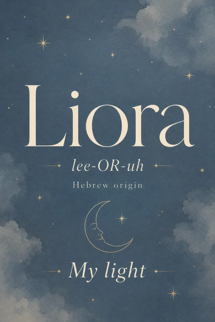 Starry night sky with clouds and gold stars surrounding the name Liora with Hebrew origin and meaning "my light" displayed in elegant serif text
