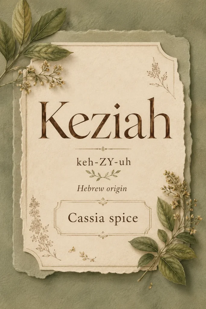 Cream card with brown text reading "Keziah" surrounded by dried green foliage and delicate botanical illustrations on sage background