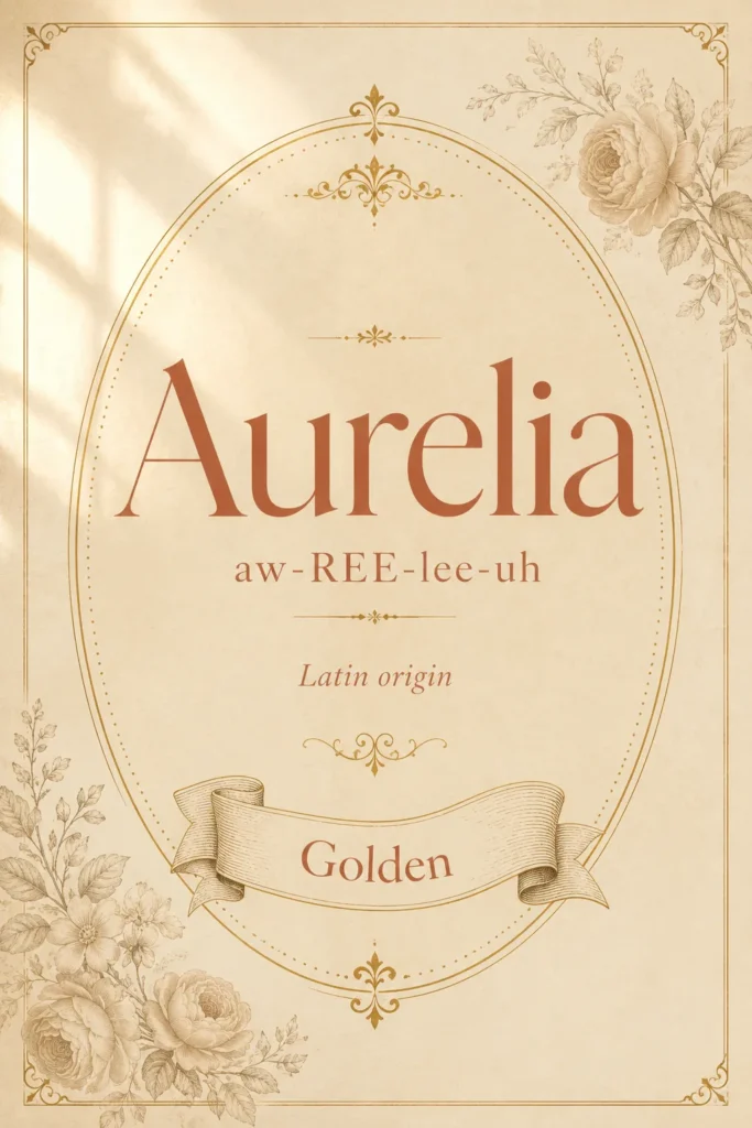 Elegant vintage name card with "Aurelia" in rust lettering, pronunciation guide, Latin origin notation, and gold floral decorative border on cream background