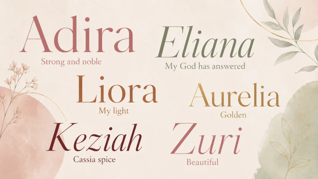 Collection of meaningful baby girl names with meanings displayed in soft rose, sage, and gold text on cream background with delicate botanical elements