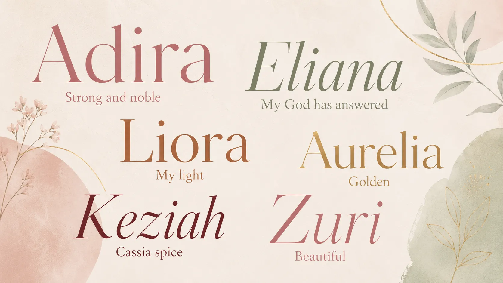Collection of meaningful baby girl names with meanings displayed in soft rose, sage, and gold text on cream background with delicate botanical elements