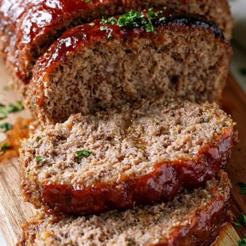 Sliced meatloaf with glossy ketchup glaze and fresh parsley on a wooden cutting board