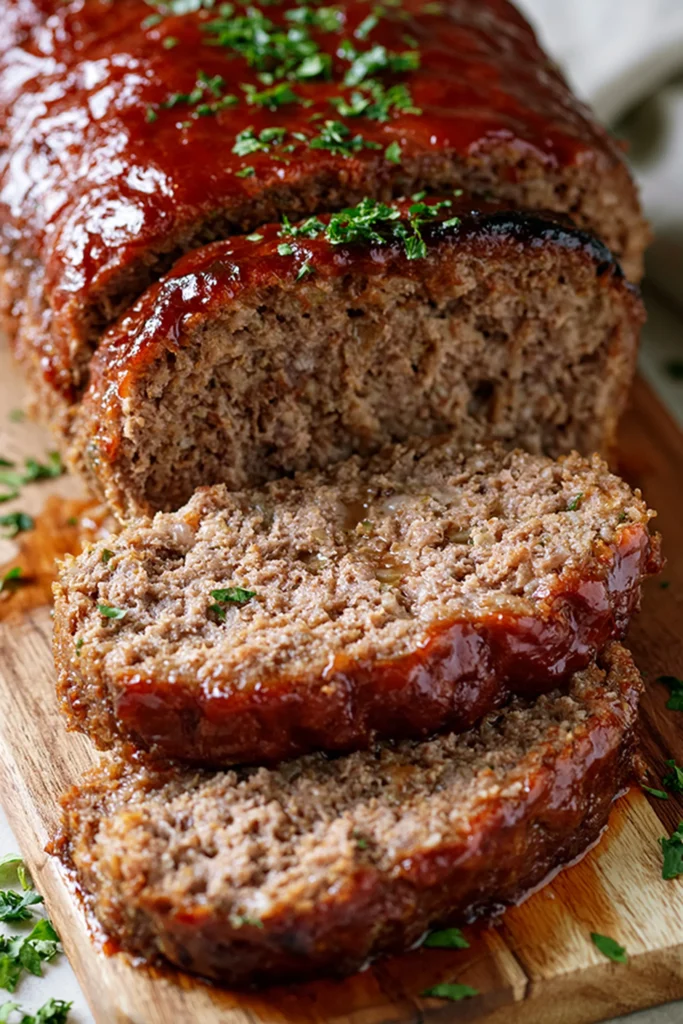 Sliced meatloaf with glossy ketchup glaze and fresh parsley on a wooden cutting board