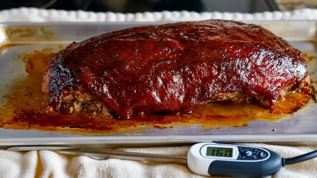 Glazed meatloaf with caramelized edges on parchment paper with a meat thermometer displaying 167 degrees