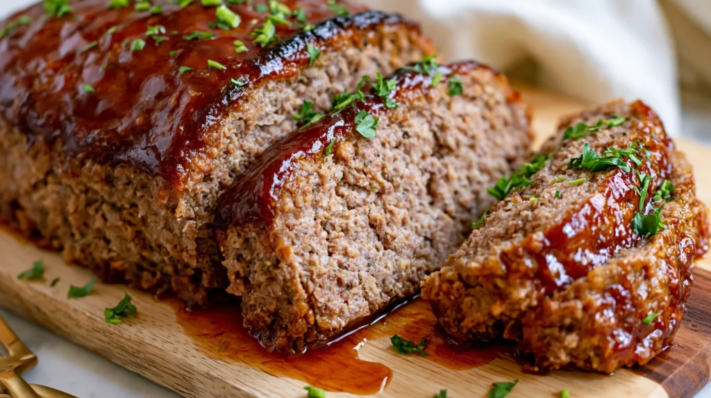 Sliced meatloaf glazed with red sauce and topped with fresh parsley on a wooden cutting board