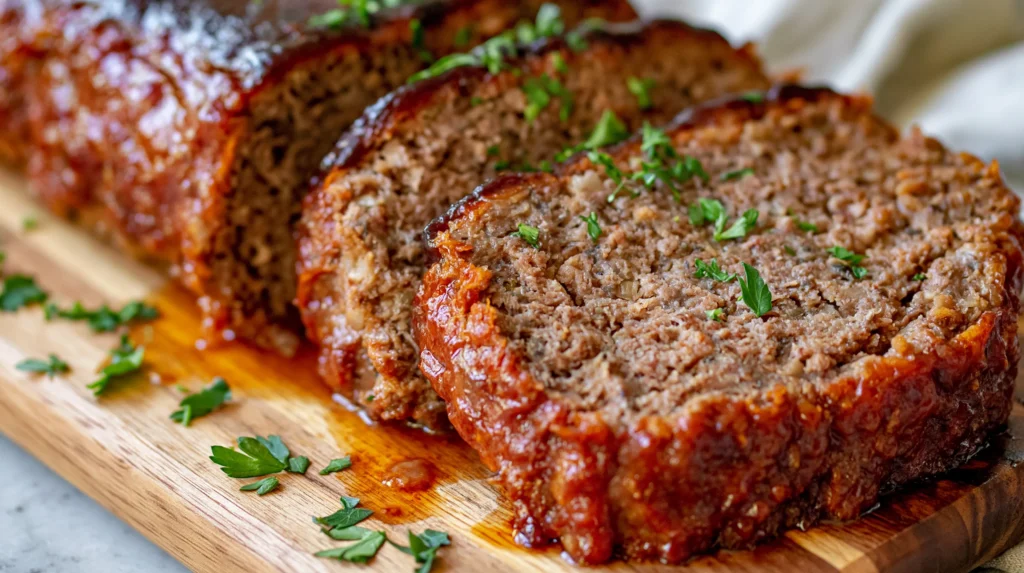 Sliced meatloaf with glossy brown glaze and fresh parsley on a wooden cutting board