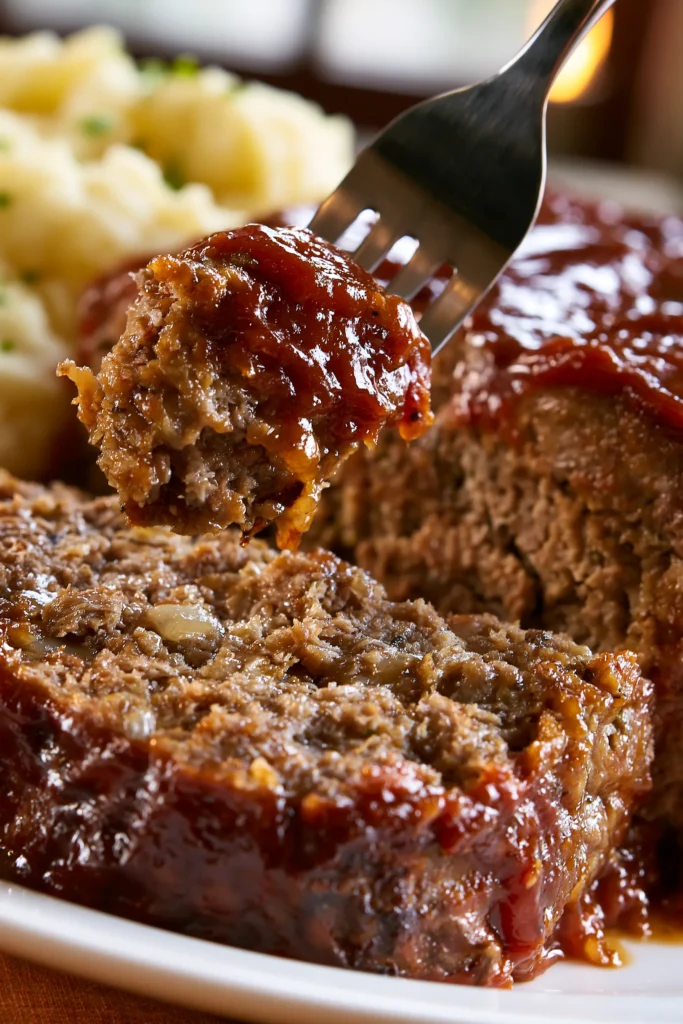 Fork lifting a slice of glazed meatloaf with shiny red topping, mashed potatoes and meatloaf slices on white plate
