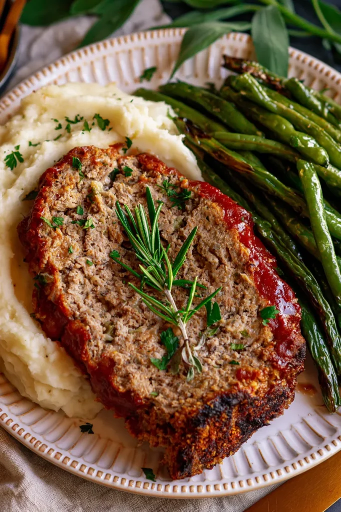 Sliced meatloaf with shiny brown glaze topped with rosemary and parsley, served on creamy mashed potatoes alongside roasted green beans on a white plate