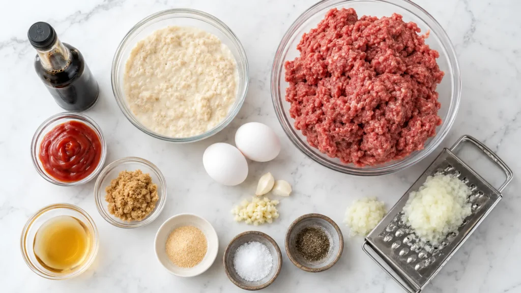 Meatloaf ingredients arranged on marble surface including raw ground beef, breadcrumbs, eggs, ketchup, Worcestershire sauce, minced garlic, and onion