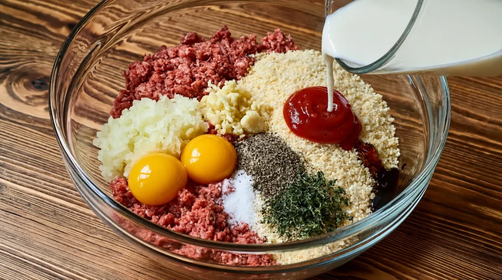 Glass bowl with ground beef, breadcrumbs, diced onions, two raw eggs, ketchup, poppy seeds, and fresh herbs with milk being poured in on wooden surface