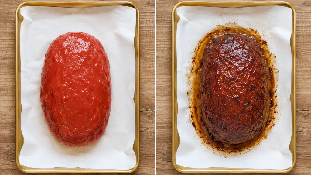 Raw meatloaf with ketchup glaze on left, baked meatloaf with caramelized topping on right, both on parchment-lined baking sheets