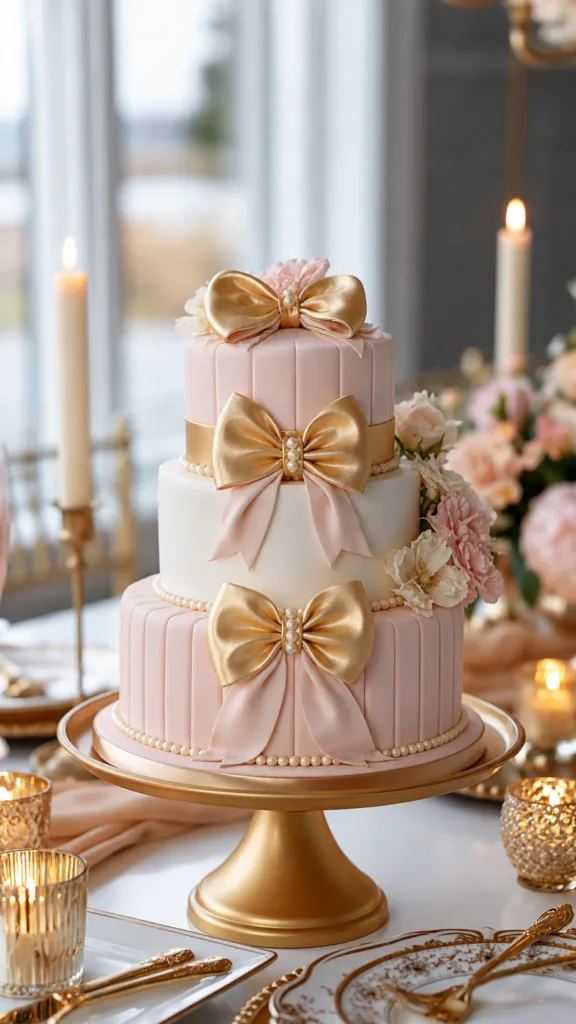 Hyper-realistic photo of an elegant sweet 16 birthday cake on a dessert table, three-tier cake in blush pink, white, and soft gold, smooth buttercream finish, delicate bow details, subtle pearl accents, fresh flowers, soft gold cake stand, surrounding candles and pretty party decor, upscale feminine party styling, bright natural lighting, clean crisp details, luxurious but youthful, no people, no text, no watermark