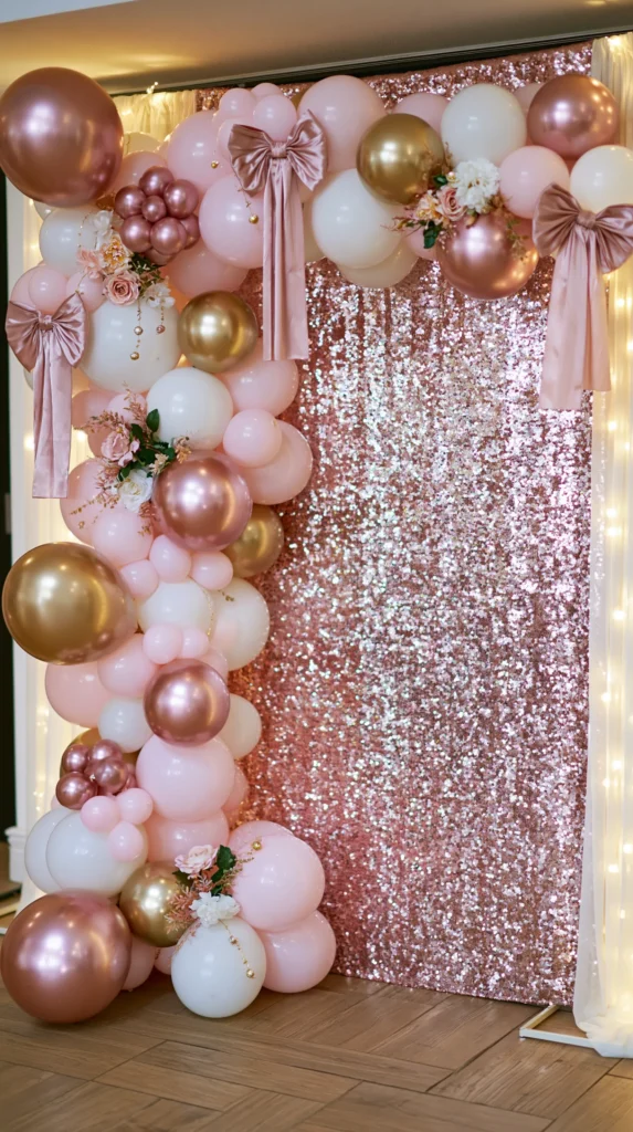 Hyper-realistic photo of a sweet 16 party photo backdrop, glamorous blush pink, white, and gold color palette, shimmer wall backdrop, balloon garland with mixed sizes, metallic balloons, floral accents, hanging bows, soft glowing lights, feminine and trendy teenage birthday party aesthetic, perfect photo moment, stylish and upscale, clean party styling, no people, no text, no watermark