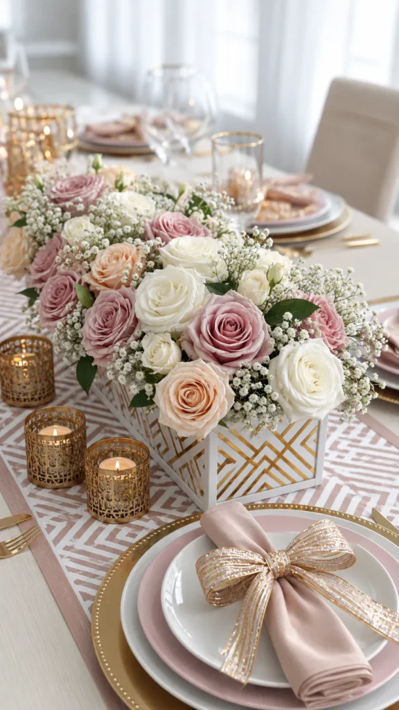 Hyper-realistic photo of a sweet 16 party centerpiece on a beautifully decorated table, low floral arrangement in blush pink and white roses, soft baby’s breath, gold accents, ribbon bows, small candle holders, elegant table runner, layered plates and glassware, feminine and classy teen birthday party style, polished tablescape, bright soft lighting, realistic detail, no people, no text, no watermark