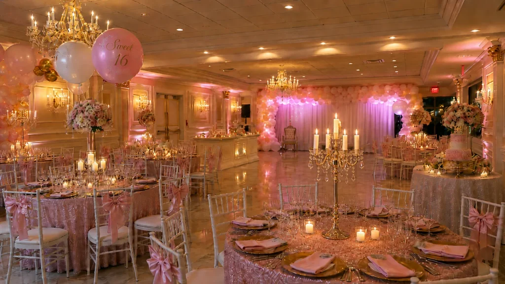 Hyper-realistic photo of a fully decorated sweet 16 party room, elegant blush pink, white, and gold party theme, decorated dining tables with centerpieces, balloon installations, dessert table, cake display, soft lighting, candles, bows, flowers, photo backdrop in the background, stylish teen birthday party atmosphere, polished and festive, upscale but warm, realistic party decor, no people, no text, no watermark