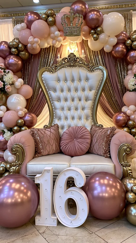 large white chair, large 16 number, flowers, balloons
