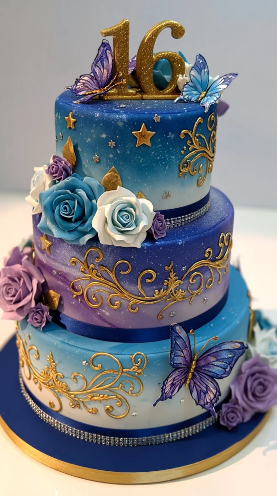 purple and blue cake, sweet 16