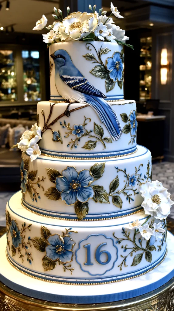 blue bird nature-style cake, 4 tiers