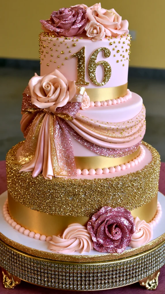pink and gold cake with the number 16