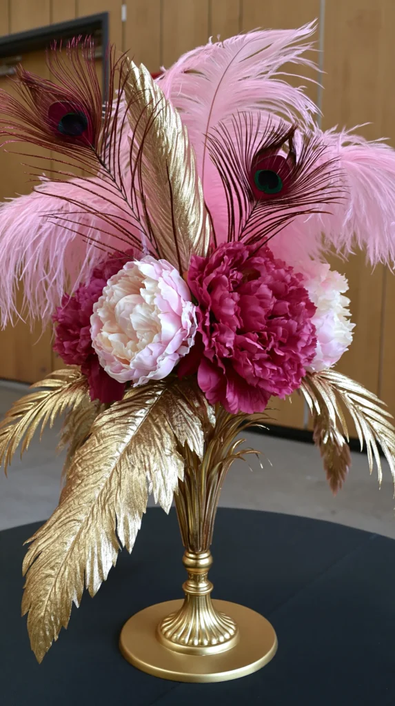 floral and feather pink centerpiece