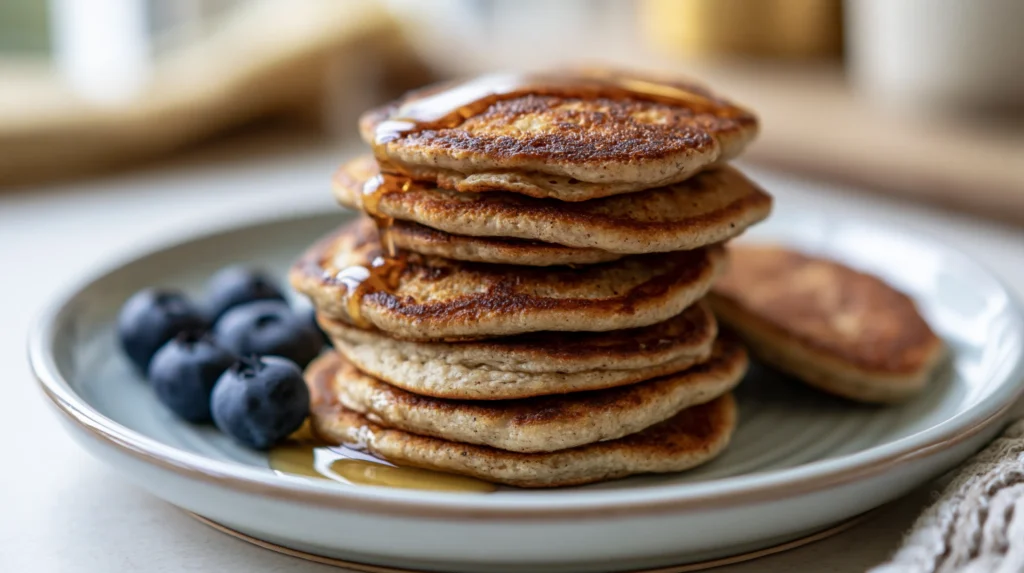 Stack of golden-brown pancakes on a gray plate with fresh blueberries and a drizzle of syrup