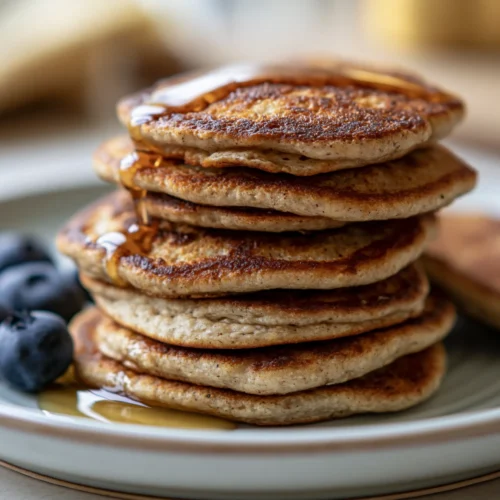 Stack of golden-brown pancakes on a gray plate with fresh blueberries and a drizzle of syrup