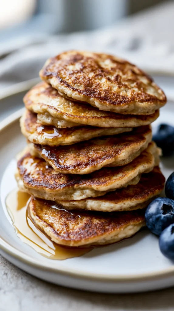 Stack of seven golden brown pancakes on a white plate with maple syrup and fresh blueberries