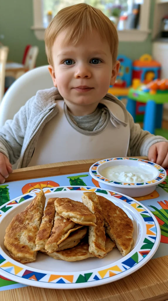 Toddler sitting at wooden table with colorful plate of folded pancakes and bowl of yogurt in bright green playroom; toddler breakfast ideas