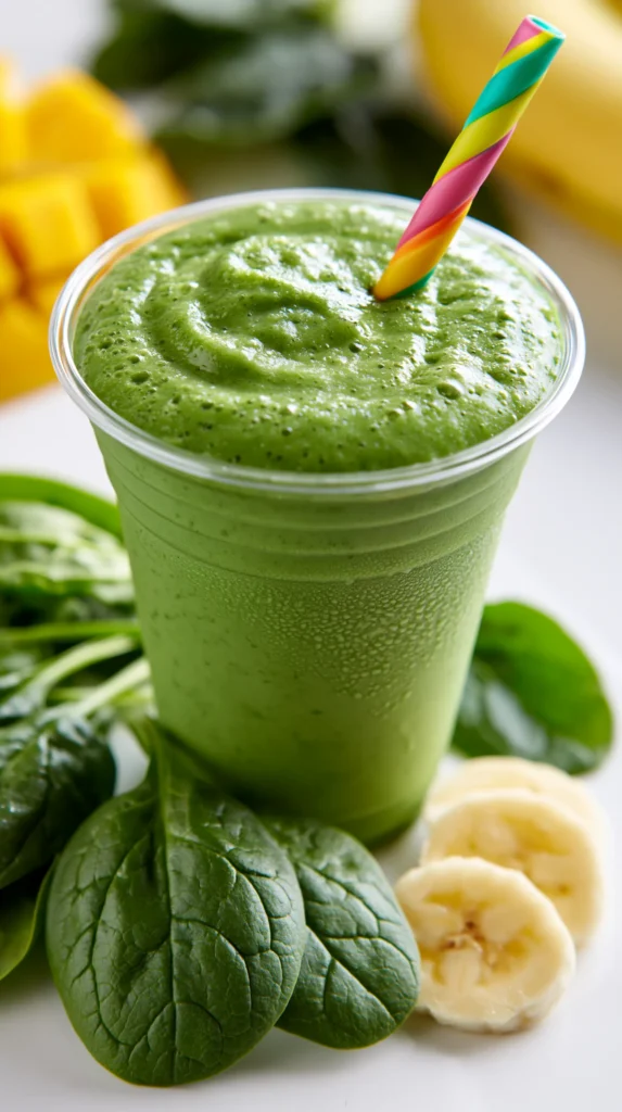 Green smoothie in clear cup with rainbow striped straw, surrounded by fresh spinach leaves and banana slices