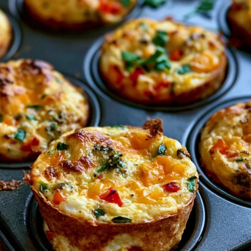 Baked egg muffins with cheese, red peppers, and green onions in a muffin tin on wood surface
