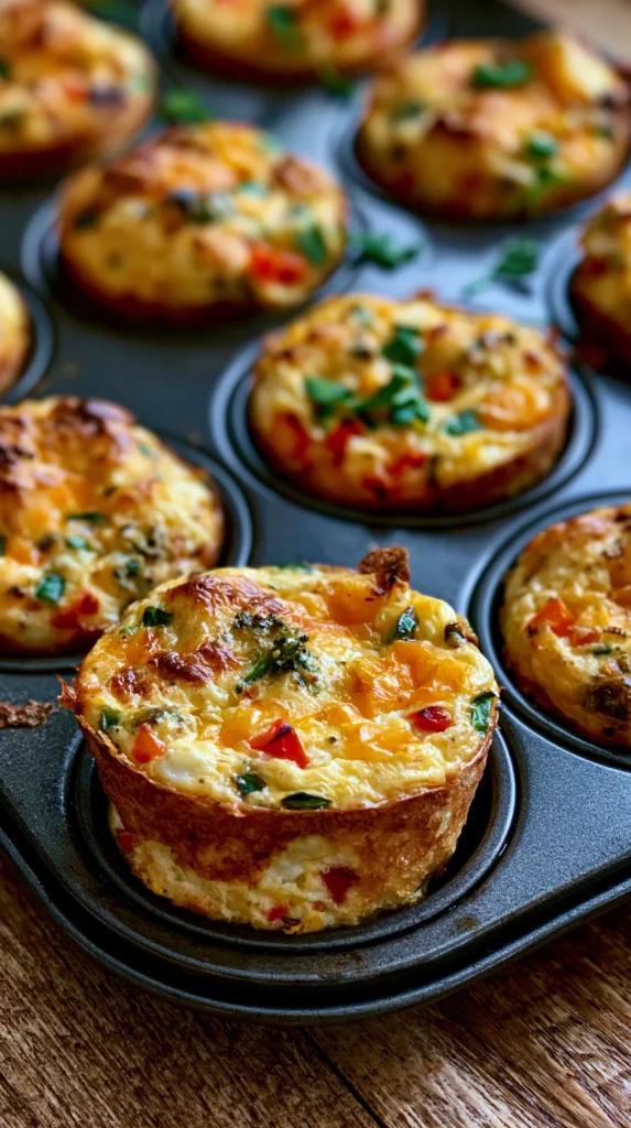 Baked egg muffins with cheese, red peppers, and green onions in a muffin tin on wood surface; toddler breakfast ideas