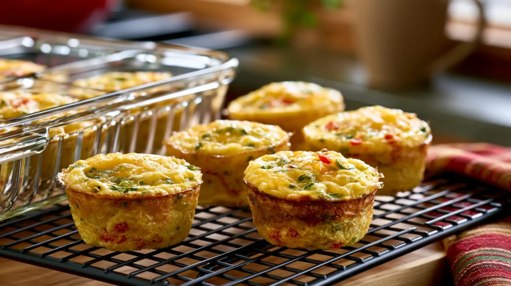 Golden egg muffins with green herbs and red peppers cooling on a wire rack next to a baking pan