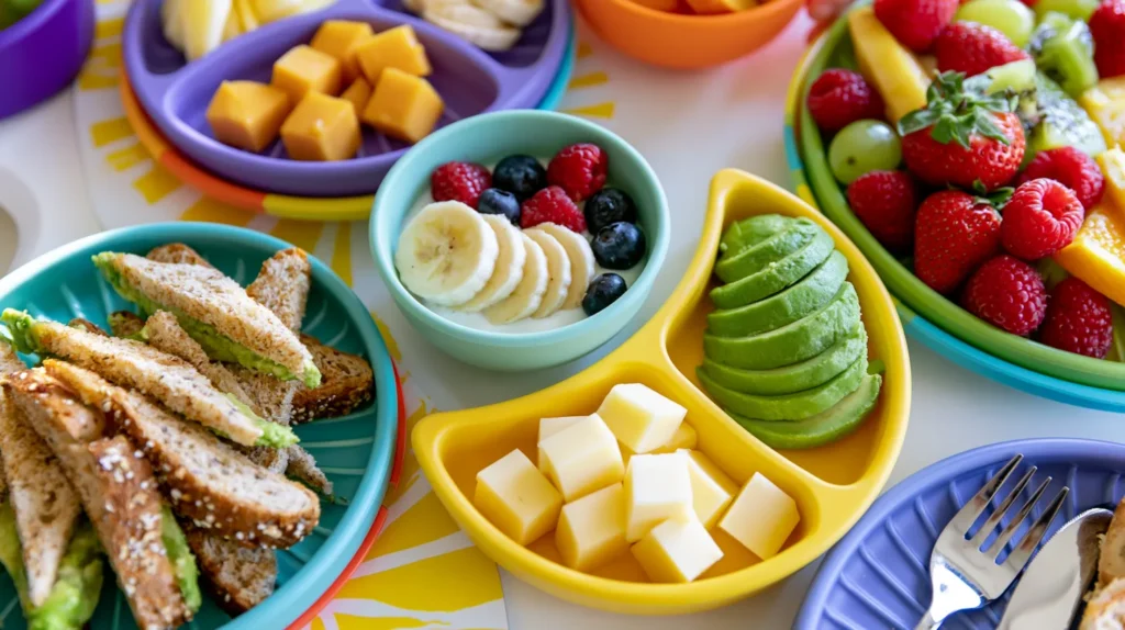 Colorful compartmented plates with toddler-friendly breakfast foods including whole grain toast, fresh berries, sliced banana, cheese cubes, avocado, and mango pieces