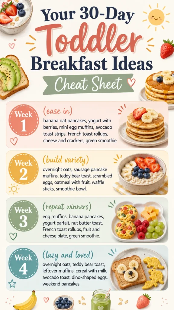 30-day toddler breakfast ideas cheat sheet with four weeks of meal options including pancakes, oatmeal, eggs, and fruit