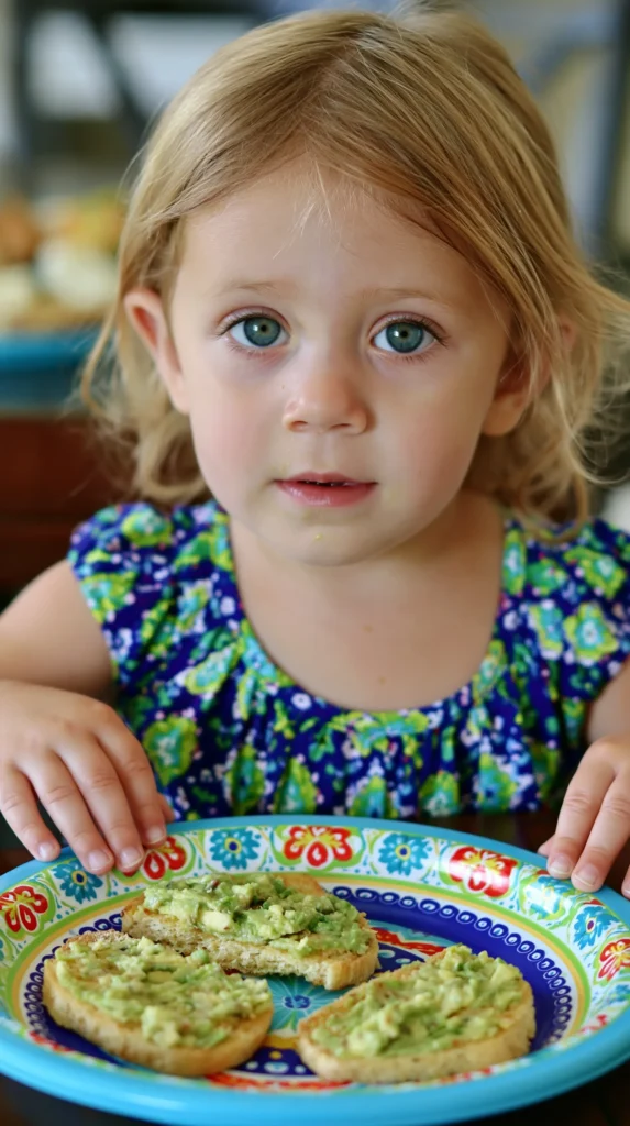 Young girl with blonde hair in colorful shirt with hands on decorative plate of avocado toast