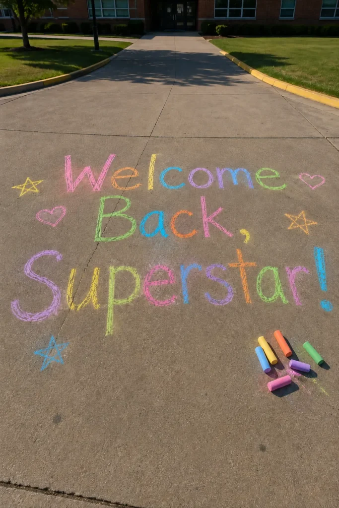 Colorful chalk drawing on sidewalk reading "Welcome Back Superstar!" with hearts and stars, scattered chalk pieces nearby, brick school building in background
