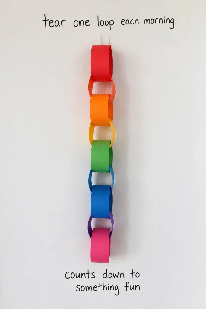 Colorful paper chain loops stacked vertically in red, orange, yellow, green, blue, purple, and pink with text about tearing one loop each morning